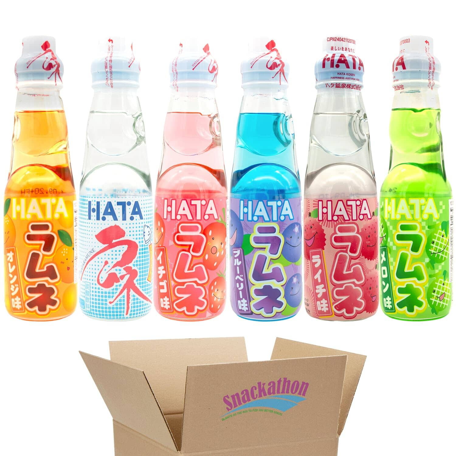 Snackathon Ramune Japanese Soda, Variety Pack, 6 Marble Soda (Blueberry, Lychee, Original, Strawberry, Orange, Melon), 6.76 Fluid Ounce Each, 6 Bottles Total