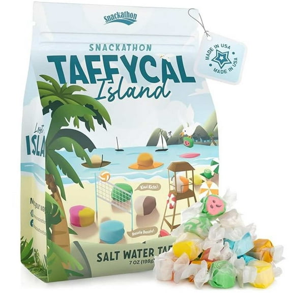 Snackathon Salt Water Taffy Assorted Mix – Taffycal Island Edition, 10-Flavor Tropical Variety, Individually Wrapped Soft  Chewy Gourmet Candy, Unique 7 oz Themed Bag for Gifting