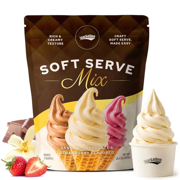 Snackathon Soft Serve Mix Variety Pack, 3 Creamy Flavors (Vanilla, Chocolate, Strawberry), Makes 3 Quarts, Preportioned Powder Mix for Ice Cream Maker, Frozen Desserts Neapolitan Ice Cream