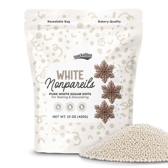 Snackathon Sprinkles for Baking  Decorating, White Nonpareils, 15 oz Resealable Bag, Bulk White Sugar Dot Sprinkles for Cakes, Ice Cream, Cupcakes, Cake Pops  Dessert Toppings