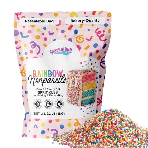 Snackathon Sprinkles for Baking & Decorating, Rainbow Nonpareils, 2.2 LB Bulk Resealable Bag – Colorful Candy Dot Toppings for Cupcakes, Birthday Cakes, Cookies, Ice Cream & Desserts