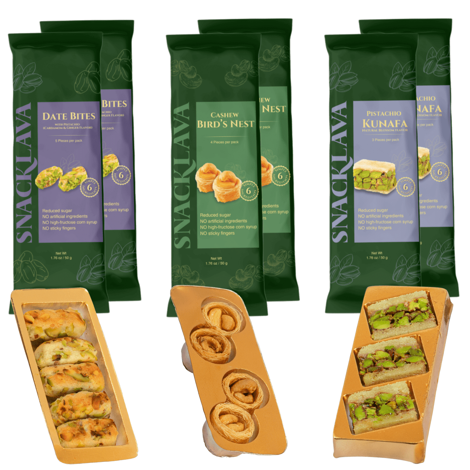 Snacklava Snap & Bloom Variety Pack (24 Pieces) - 2 Pistachio Kunafa with Rose Water Flavor (6 Pieces), 2 Pistachio Date Bites with Cardamom (10 Pieces), 2 Cashew Bird's Nest (8 Pieces) - 6 Pack