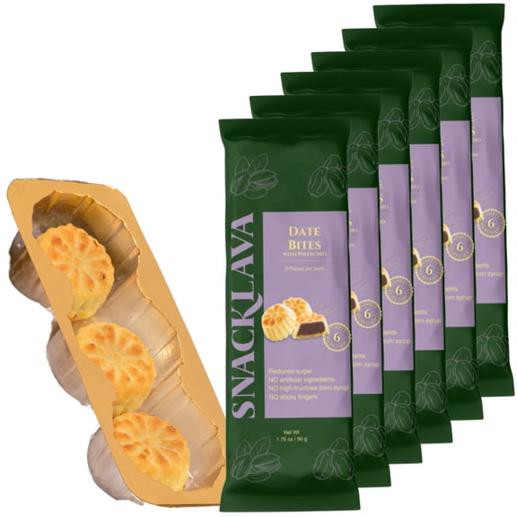 Snacklava Pistachio Date Bites - 6 Pack (18 Pieces) - Pistachio and Date Filled Maamoul Shortbread Cookies - No Artificial Ingredients, Colors or Preservatives