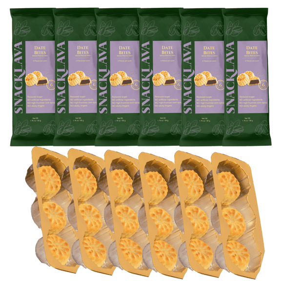 Snacklava Pistachio Date Bites - 6 Pack (18 Pieces) - Pistachio and Date Filled Maamoul Shortbread Cookies - No Artificial Ingredients, Colors or Preservatives