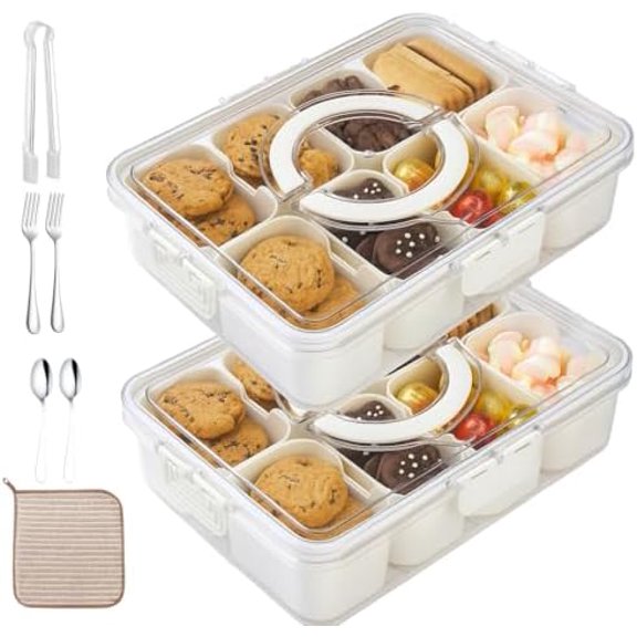Snackle Box Container 2 Pack with Lid and Handle | 8 Compartment Divided Serving Tray, Portable Clear Snack Organizer for Fruit, Candy, Nuts, Veggies & Charcuterie, Ideal for Travel, Party & Picnic