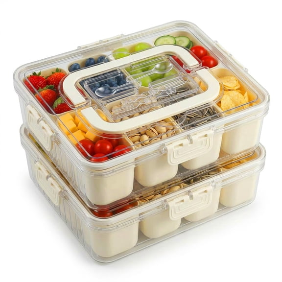 Snackle Box Container 2 Pack | Snack With Lid  Bpa-free 8-compartment Divided Serving Tray & Built-in Utensil Tackle Organizer For Adults Kids