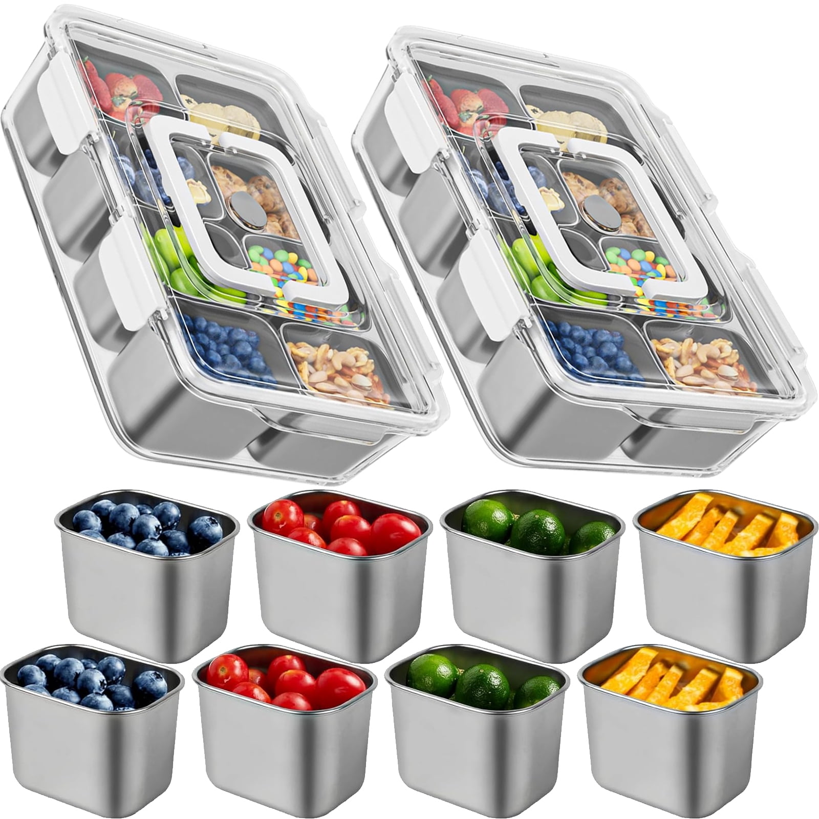 Snackle Box Container 2Pcs, Cuopluber Stainless Steel Divided Serving Tray with Lid and Handle, 8 Compartment Portable Snack Platters, Clear Storage Organizer for Fruit Candy Nuts Veggie