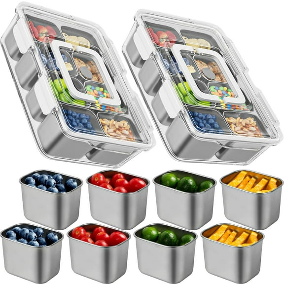 Snackle Box Container 2Pcs, Cuopluber Stainless Steel Divided Serving Tray with Lid and Handle, 8 Compartment Portable Snack Platters, Clear Storage Organizer for Fruit Candy Nuts Veggie