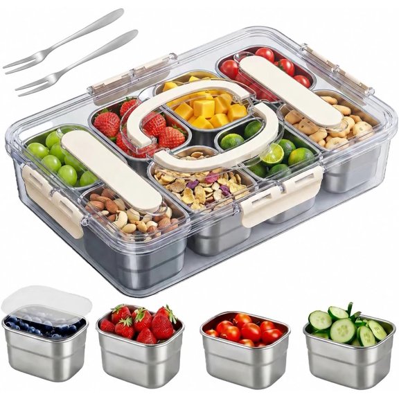 Snackle Box Container 304 Stainless Steel 8 Compartment | Reusable food-grade 304 stainless steel liner, Dishwasher safe, Detachable 8-bin design for dry & wet food separate storage.