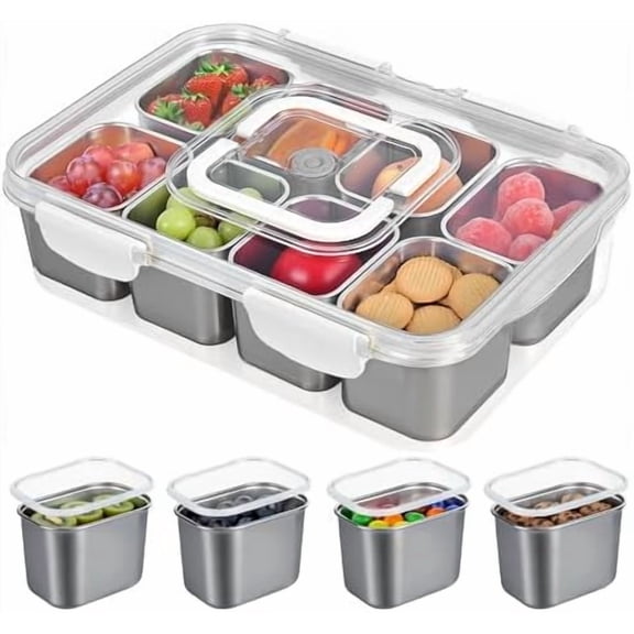 Snackle Box Container, 304 Stainless Steel Snack Containers, Snacklebox, Divided Serving Tray with Lid and Handle, Portable Snack Tray for Beach, Road Trip, Picnic, Boat Days, Ball Games and Pool