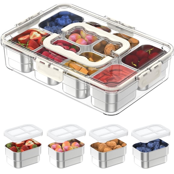 Snackle Box Container 8 Compartment Stainless Steel Food Storage With Silicone Lid & Handle Clear Divided Fruit Nut Veggie Tray For Kitchen  Picnic Party