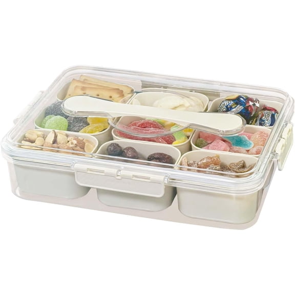 Snackle Box Container - 9 Compartment Portable Divided Serving Tray with Lid and Handle,Clear Snack Organizer for Candy, Fruits, Nuts, Snacks - Perfect for Party, Travel and Entertaining