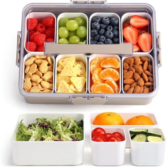Snackle Box Container for Adults, 11 in1 Divided Serving Tray Snack Box Containers with Stackable Compartment and Handle, Customizable Charcuterie Boxes Portable Snack Platter for Party Travel, Brown