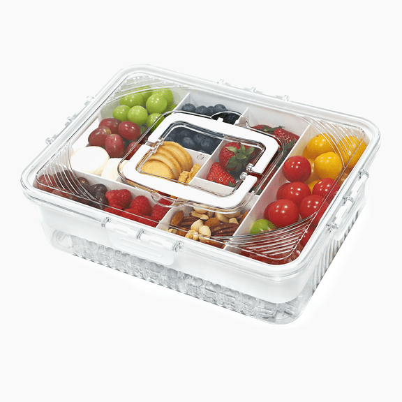 Snackle Box Container,Chilled Divided Serving Tray with Lid And Handle,Snack Organizer for Fruits, Veggies,Candy,Charcuterie,Ice Serving Platter with 7 Compartments Keep Food Cold