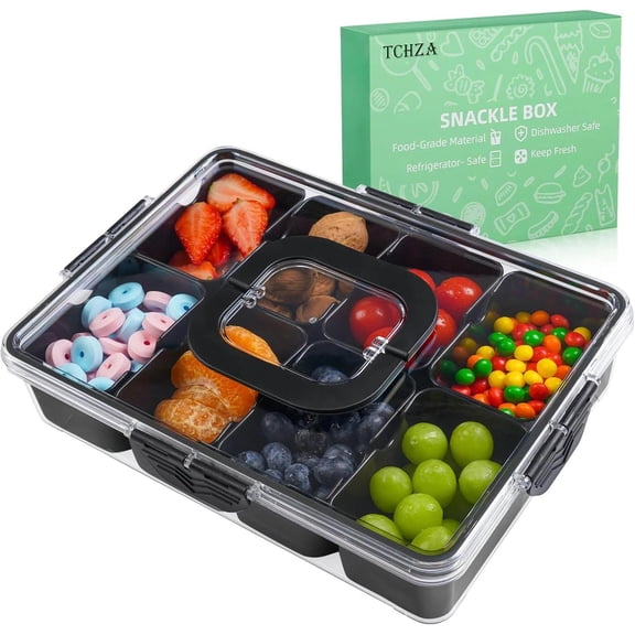 Snackle Box Container, Dishwasher Safety - Divided Serving Tray with Lid and Han