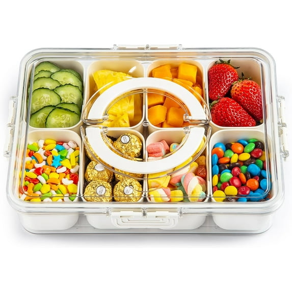 Snackle Box Container,Divided Clear Snack Box Serving Tray with Lid and Handle,8 Compartments Snack Tray,Portable Travel Snack Container,Perfect for Party, Travel, & Picniccnic