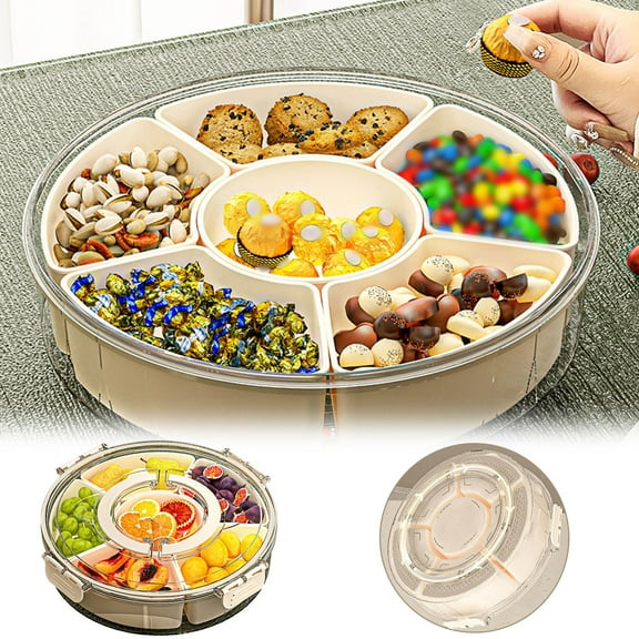 Snackle Box Container Divided Rotating Serving Tray with Lid and Handle, Portable for Fruits Snacks Veggie Charcuterie, Clear Snack Spinner Organizer and Fridge Storage Container for Trave and Picnic