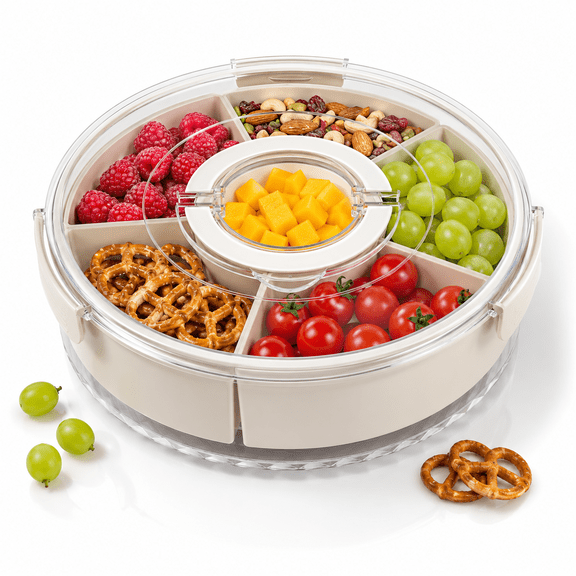 Snackle Box Container,Divided Serving Tray 360 Rotatable with Lid and Handle,Platter Round Portable Storage Organizer for Fruit,Candy,Veggie,Nuts,Spices& Snacks,Perfect for Party or Travel