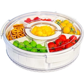 Snackle Box Container, Divided Serving Tray 360° Rotatable with Lid and Handle, Platter Round Portable Storage Organizer for Fruit, Candy, Veggie, Nuts, Spices& Snacks, Perfect for Party or Travel
