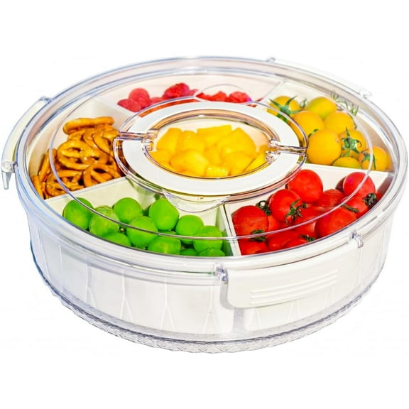 Snackle Box Container, Divided Serving Tray 360 Rotatable with Lid and Handle, Platter Round Portable Storage Organizer for Fruit, Candy, Veggie, Nuts, Spices& Snacks, Perfect for Party or Travel