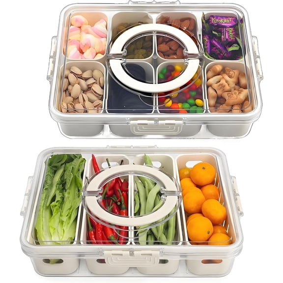 Snackle Box Container, Divided Serving Tray with Lid and Handle,8 Compartments Snacks Box,Snack Fruit Tray,Veggie Tray,Portable Platter for Candy Fruits Nuts Snack Party Entertaining Picnic Travel