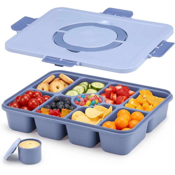 Snackle Box Container, Divided Serving Tray with Lid and Handle, 9 Compartments Snack Box Container for Adults, Portable Charcuterie Serving Platter for Candy Fruit, 9.9 Cups, Dark Blue