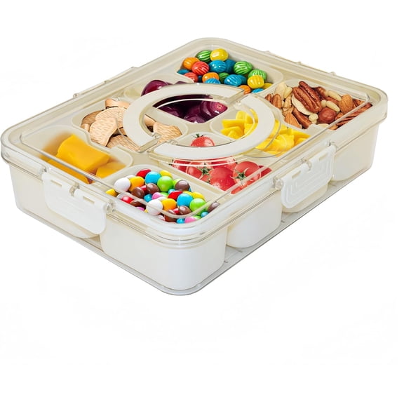 Snackle Box Container Divided Serving Tray with Lid and Handle, Portable Travel Snack Platters for Party, Fruit Organizer for Refrigerator for Candy, Fruits, Nuts, Chips…