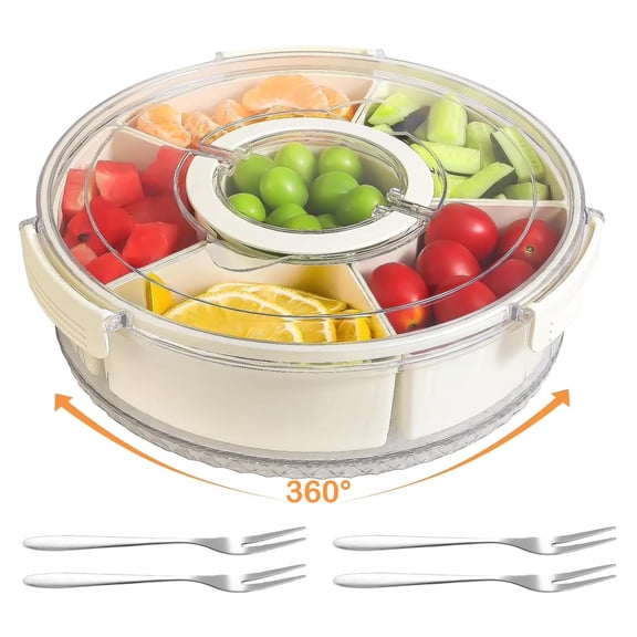 Neasyth Divided Rotating Serving Tray with Lid & Handle for Fruits Snacks Veggie Charcuterie, Snackle Box Container