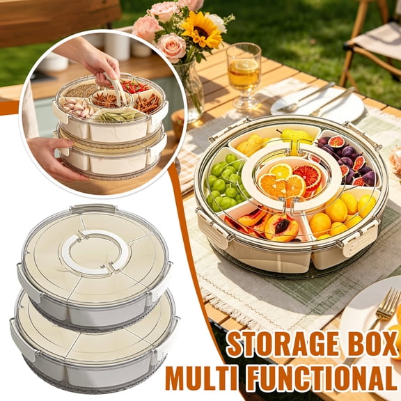 Snackle Box Container, Divided Serving Tray with Lid and Handle, Rotating 6-compartment Snackle Box for Candy, Party Storage Container, A