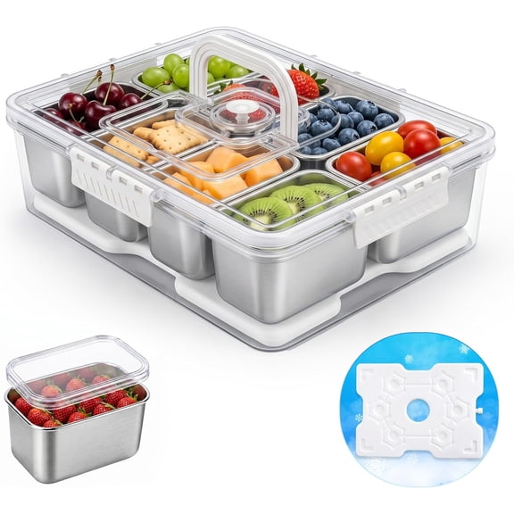 Snackle Box Container with Ice-Pack, Snack Container Divided Serving Tray with 8-Compartment Snack Platter, Lid and Handle, Food Organizer for Outdoor Travel Party Beach Picnic