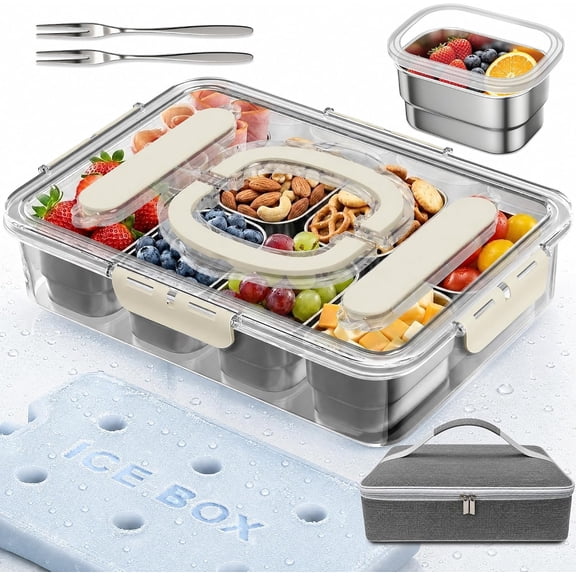 Snackle Box Container with Ice Pack, Stainless Steel 8 Removable Cups | Keeps Snacks Fresh | 304 Stainless Steel | Ice Pack Cooling | 2 Forks & Insulated Bag, Travel Ready, Picnic, Party