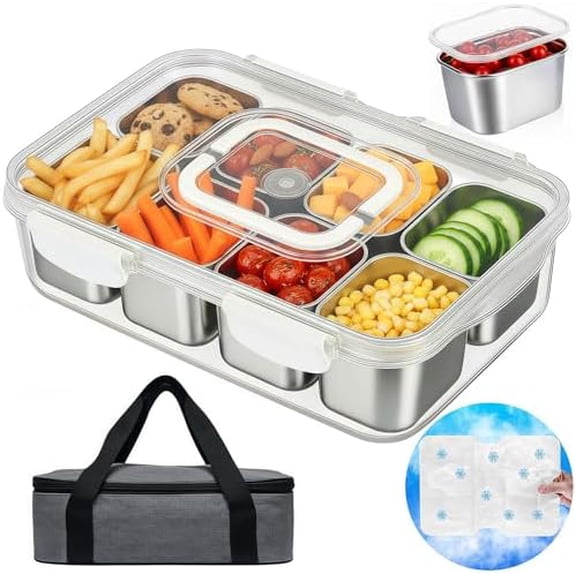 Snackle Box Container with Ice Pack Stainless Steel,Portable Snack Boxes with Lid and Insulated Bag,8 Compartment Snackle Storage Divided Serving Tray Beach Road Trip Picnic for Fruit Charcuterie