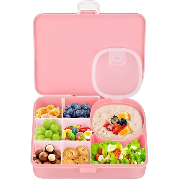 Snackle Box Container for Kids,Adjustable Compartments,Reusable Snack Containers with Lids,Easy-Open Latch,Lunch Food Containers,Dishwasher Safe,Leak-Proof Silicone Ring(1 Pack- Pink)