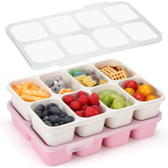 Snackle Box Container,Leak-Proof Snack Box 8 Compartment Divided Serving Tray with Lid, Dishwasher Safe Food Containers for Fruit Candy Snack Nuts Veggie Party (2 PACK)