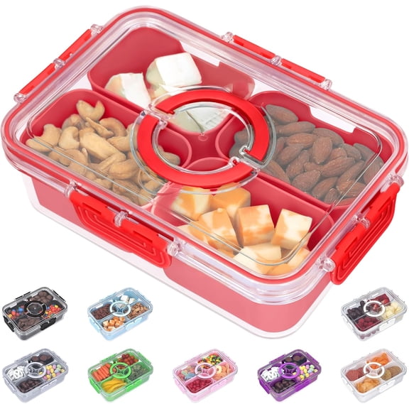 Snackle Box Container with Lid- Travel Charcuterie Box with Handle - Organizer for Candy, Fruit, Nuts, Veggies, Snacks, Beach Essentials, Portable Lunch Box (Red, Small)