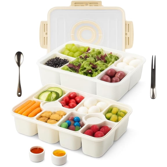 Snackle Box Container with Multi Compartments & Rotary Date Dial - Divided Serving Tray with Lid & Handle -Snack Organizer for Travel, veggies, Nut, fruit, Picnic & party - Dishwasher &Microwave safe