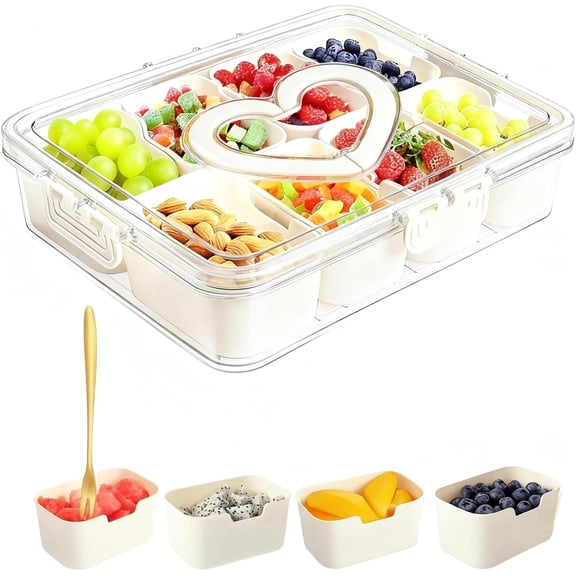 Snackle Box Container, Portable 8 Compartments Divided Serving Tray with Lid and Handle, Reusable Stackable Snack Container Large Snack Box for Travel Snack Candy Party Picnic Local Stock-1PC, White