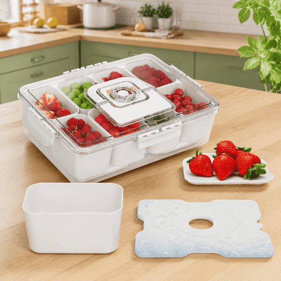 Snackle Box Container with Reusable Ice Pack, 8-Compartment Divided Serving Tray with Lid & Handle, Cooling Charcuterie Snack Box Organizer for Travel, Outdoor Parties, Beach & Picnic