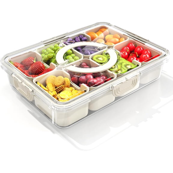 Snackle Box Container with Sealed Lid – Portable BPA-Free Snack Box with Foldable Handle, Divided Serving Tray for Fruit, Candy, Nuts & Veggie – Perfect for Travel, Picnic, Beach & Party 11.8" x 8.8"
