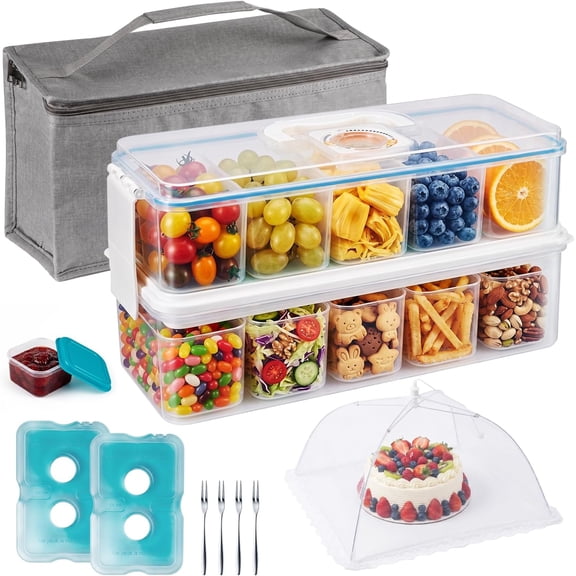 Snackle Box Container: Snack Organizer Divided Serving Tray with Ice-Pack, Portable Double-layer Tray Snackle Box for Food and Drink, Snack Platter for Travel Beach Picnic (White - 10 Tray)