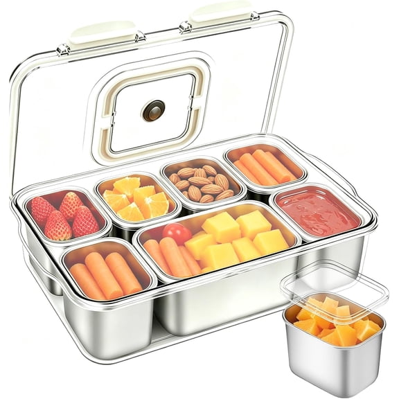 Snackle Box Container, Stainless Steel Divided Serving Tray with Lid and Handle, Large Snack Tray for Fruit Veggie Candy, 7-Compartment Snack Platter for Travel Party Beach Picnic