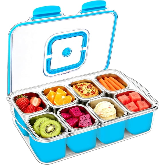 Snackle Box Container, Stainless Steel Divided Serving Tray with Lid and Handle, Large Snack Tray for Fruit Veggie Candy, 8-Compartment Snack Platter for Travel Beach Picnic,with Blue Silicone Sleeve