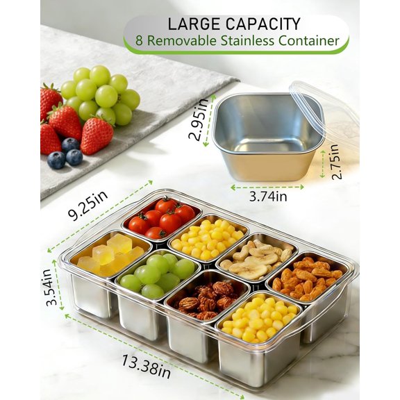 Snackle Box Container, Stainless Steel Divided Serving Tray with Lid and Handle, Large Snack Tray for Fruit Veggie Candy, 8-Compartment Snack Platter for Travel Party Beach Picnic