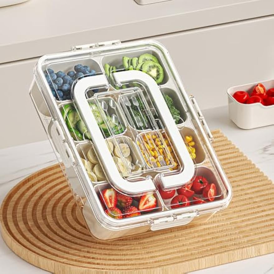 Snackle Box, Divided Serving Tray with Lid and Handle, Adding Cutlery Organizer, 8 Fruit Forks