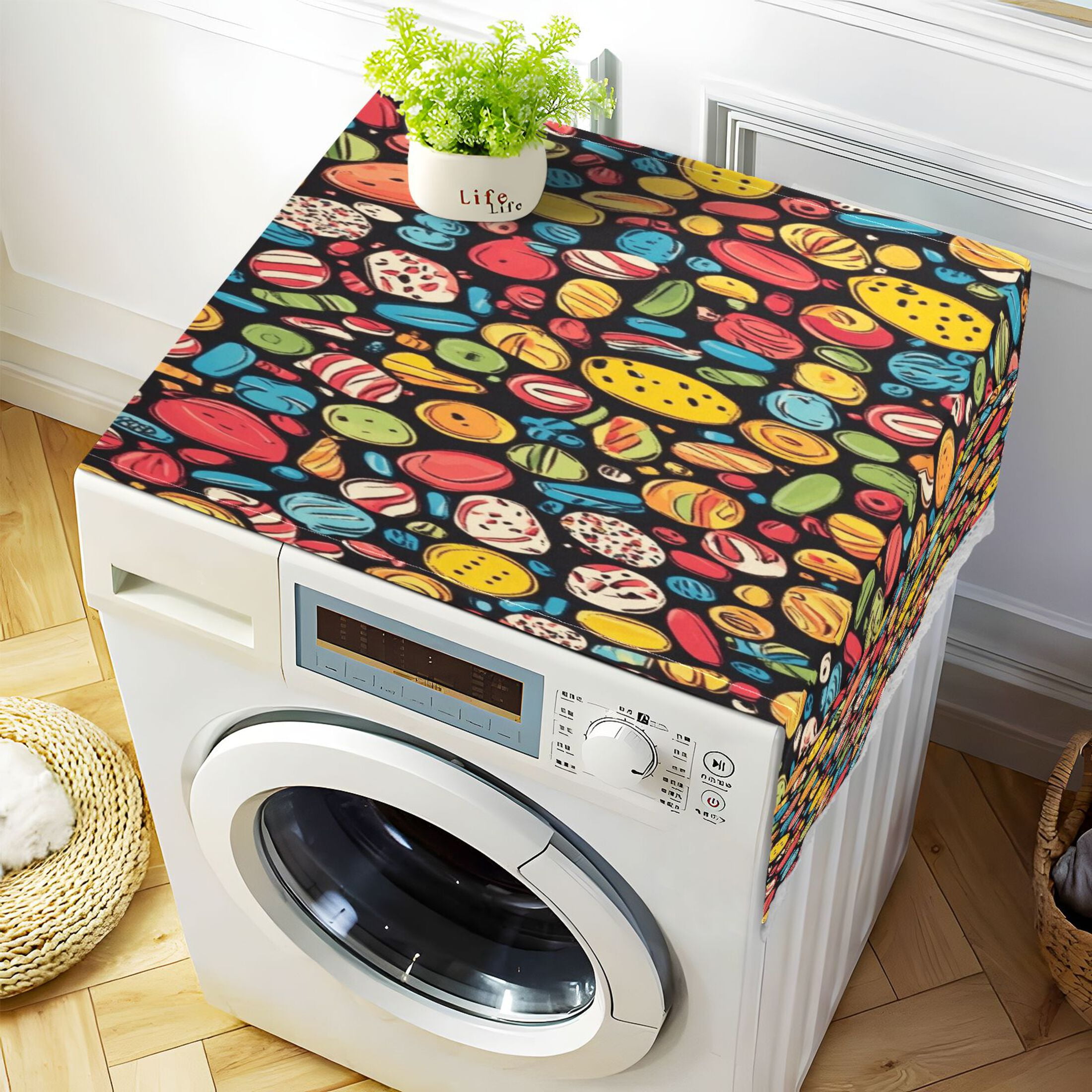 Snacks PatternWasher and Dryer Covers Dust-Proof and Oil Resistant Fridge Cover with 4 Storage Pockets Washing Machine Top Cover for Laundry Kitchen Home 51.2 x 22 In