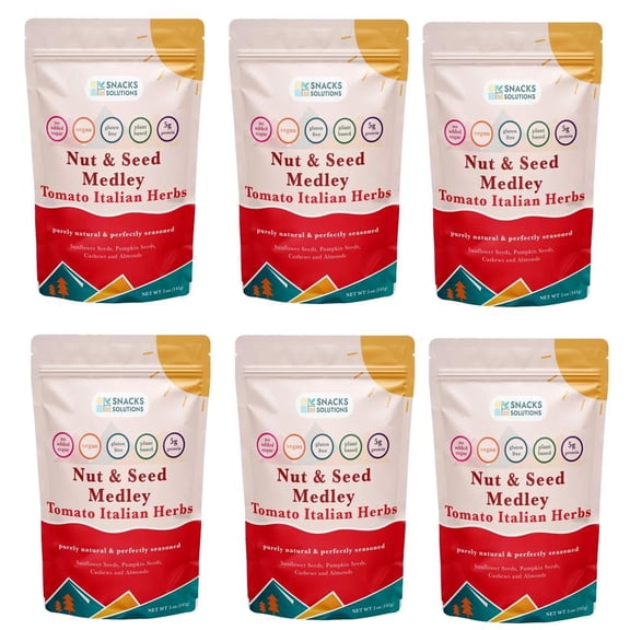 Snacks Solutions Nut and Seed Medley (5 oz -Pack of 6, Tomato Italian Herbs) Natural and Perfectly Seasoned, Sunflower Seeds, Pumpkin seeds, Cashews and Almonds, Kosher and Gluten Free