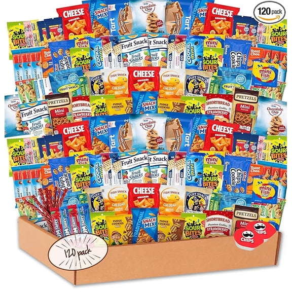 Snacks Variety Pack, 120 Count Bulk Snack Box with Chips & Cookies, Easter Care Package Gift Basket for Kids, Teens, College Students & Office
