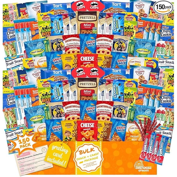 Snacks Variety Pack, 150 Count Bulk Snack Box with Chips & Cookies, Easter Care Package Gift Basket for Kids, Teens, Adults, College Students & Office