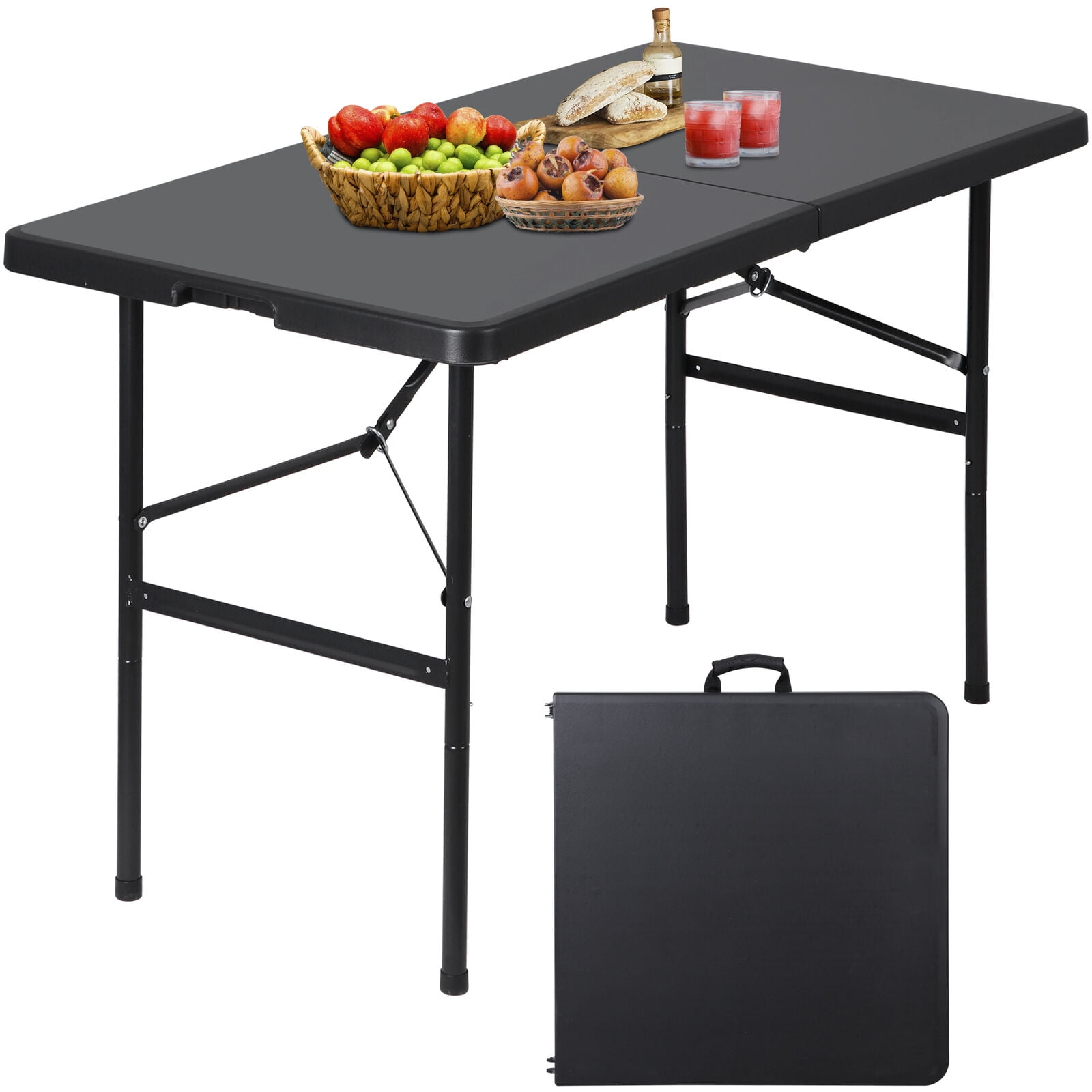SnagHub Portable 4 Foot Plastic Folding Table, Indoor Outdoor Heavy Duty Fold-in-Half Picnic Party Camping Barbecues Table with Carrying Handle, Black