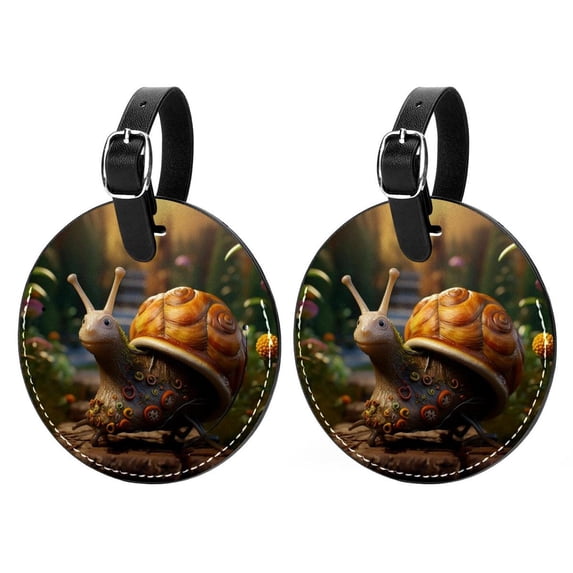 Snail 2Pcs PU Leather Round Luggage Tags with Privacy Cover and Name ID Tag for Suitcase, Handbags, Backpacks, School Bags